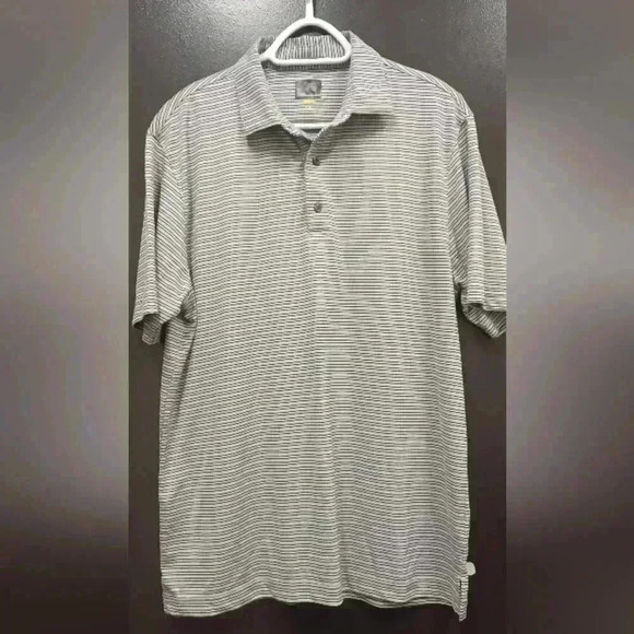 Greg Norman  Polo Golf Shirt Mens Large Grey Black Stripe Sportswear - Picture 1 of 10